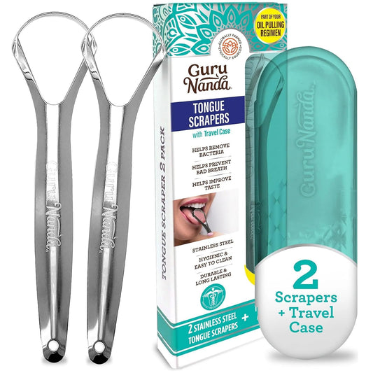 GuruNanda Rascador de lengua de acero inoxidable (paquete de 2), combate el mal aliento, limpiador de lengua 100% acero inoxidable de grado médico, raspador de lengua para adultos y niños, ideal para cuidado bucal, apto para viajes