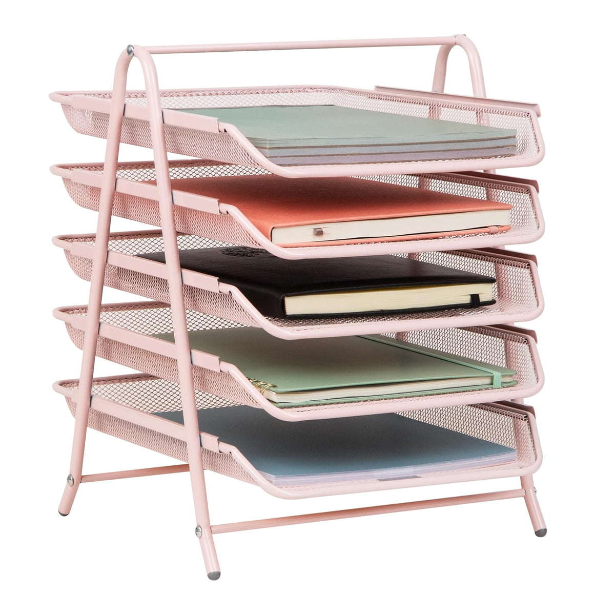 Betesh Mind Reader 5-Tier Paper Tray, Desktop Organizer, File Storage, Workspace, Office, Metal Mesh, 11.75" L x 14" W x 14.5" H, Pink