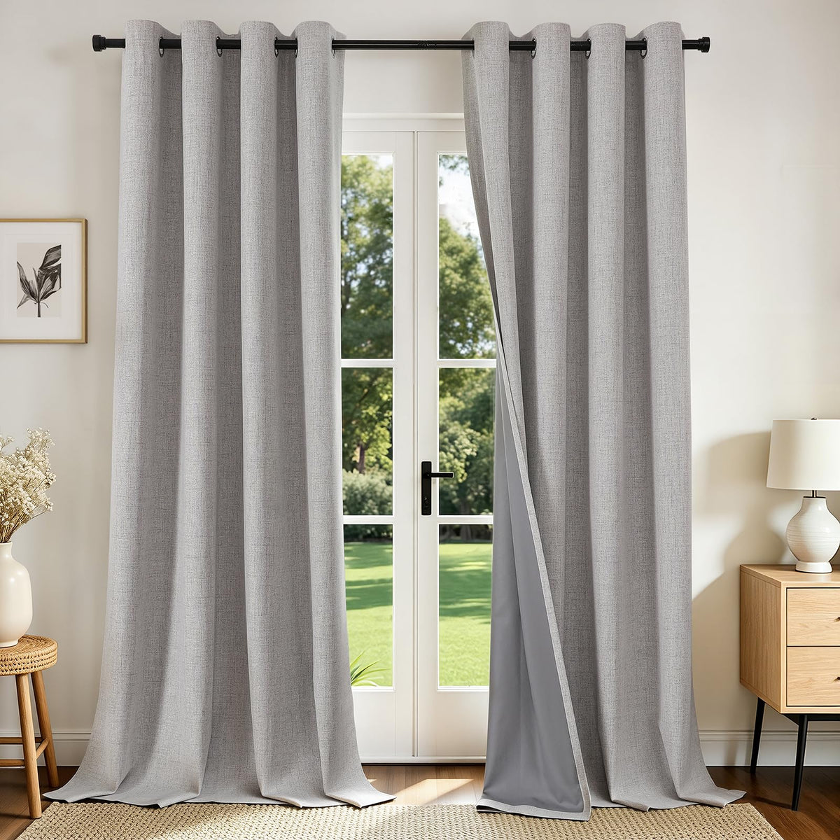 Joydeco Cortinas Opacas de Lino Sintético, 2 Paneles - Blanco Grisáceo - 132An x 213Al cm (1 Paneles)