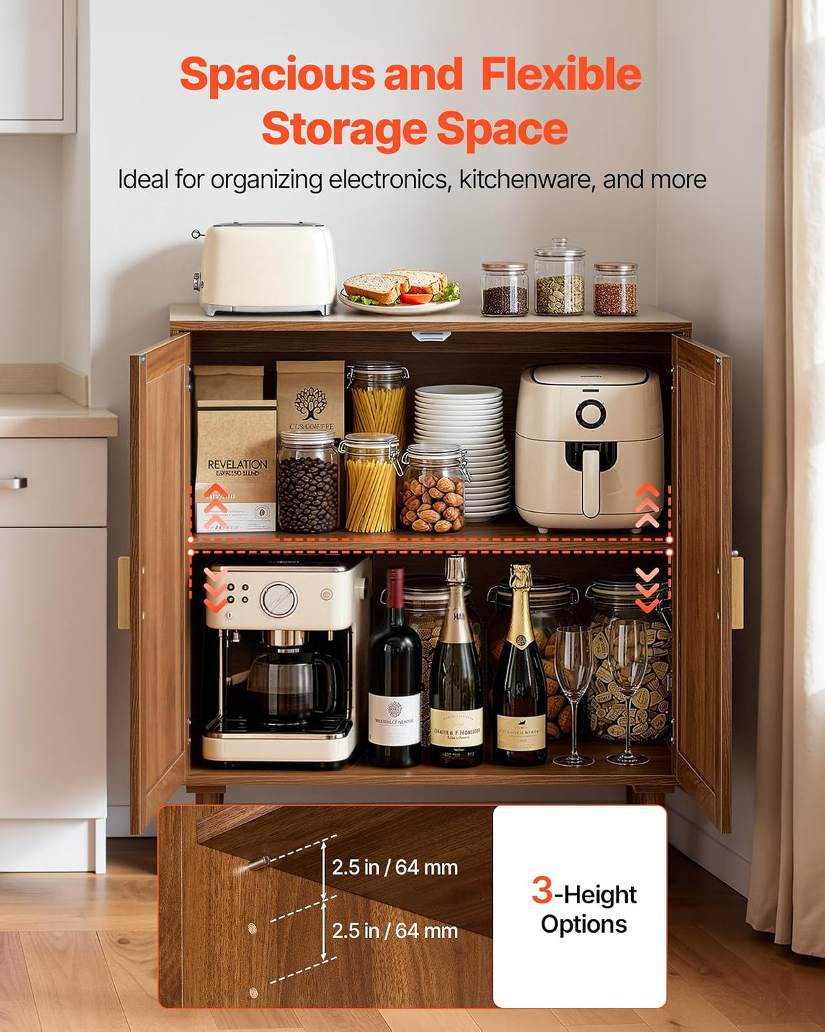 VEVOR Aparador de Ratán con 2 Puertas Magnéticas 80 x 36 x 88 cm, Armario Auxiliar de Ratán con Estante Ajustable y Patas Elevadas de 14,5 cm, para Pasillo, Entrada, Salón, Cocina, Dormitorio