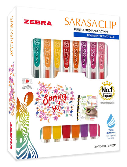 Zebra Set 10 Bolígrafos Sarasa Clip Tinta Gel Secado Rápido (Spring Set)