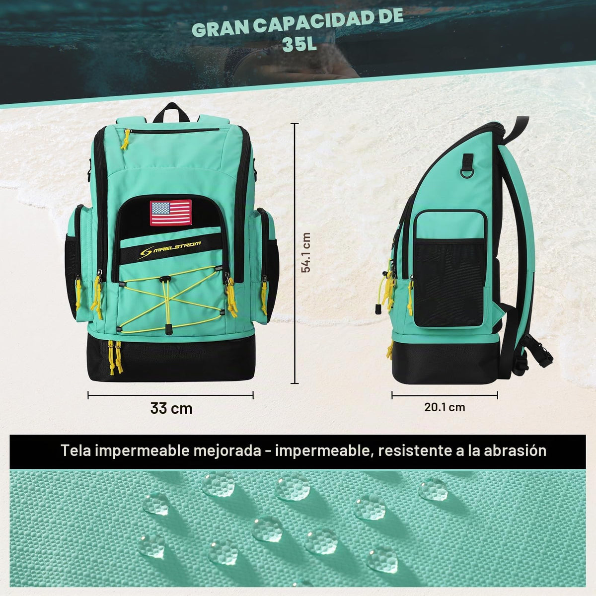 Maelstrom Mochila Deportiva Impermeable 35L con Compartimentos Funcionales para Actividades Acuáticas