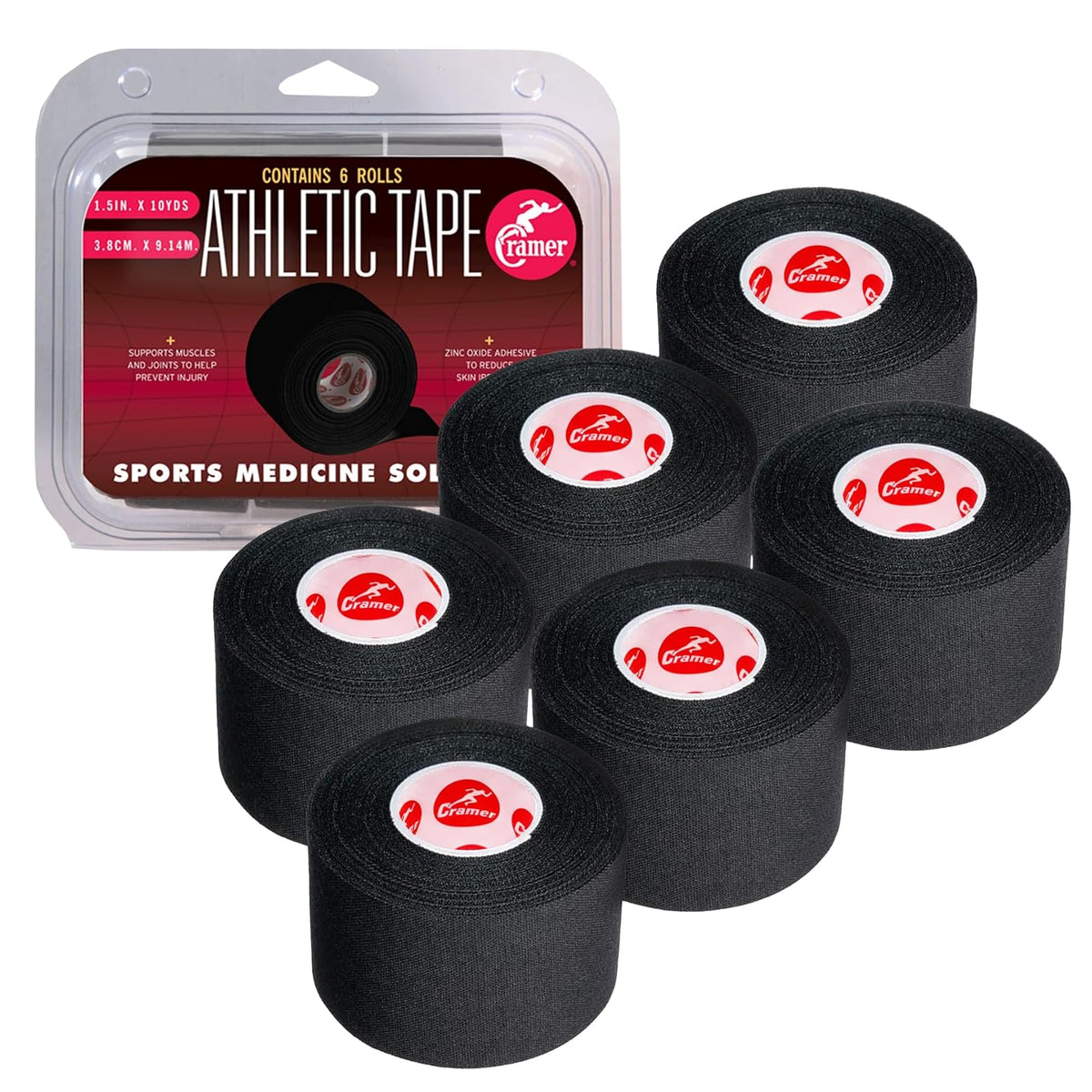 Cramer Cinta Adhesiva Deportiva 3.81 cm x 9.14 m Paquete de 6 - negro
