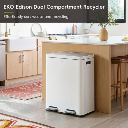 EKO Edison - Bote de basura doble de 8 + 8 galones para reciclaje y basura, bote de cocina de acero inoxidable con doble cubeta interior extraíble, tapas y pedales independientes, color blanco