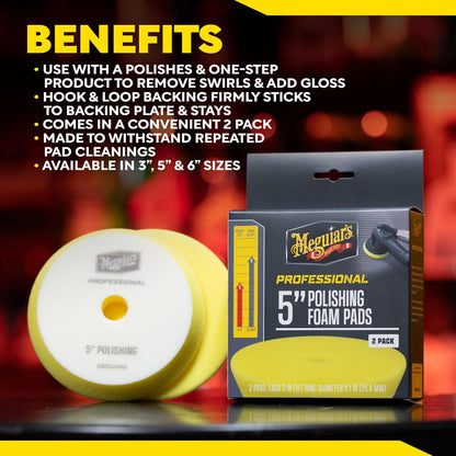 Meguiar's, Esponjas de Pulido de Espuma Profesionales, 5", M5PFP2, 2 pz. | Almohadilla de espuma profesional para pulir, utilizar con esmaltes para quitar arañazos y remolinos ligeros o utilizar con