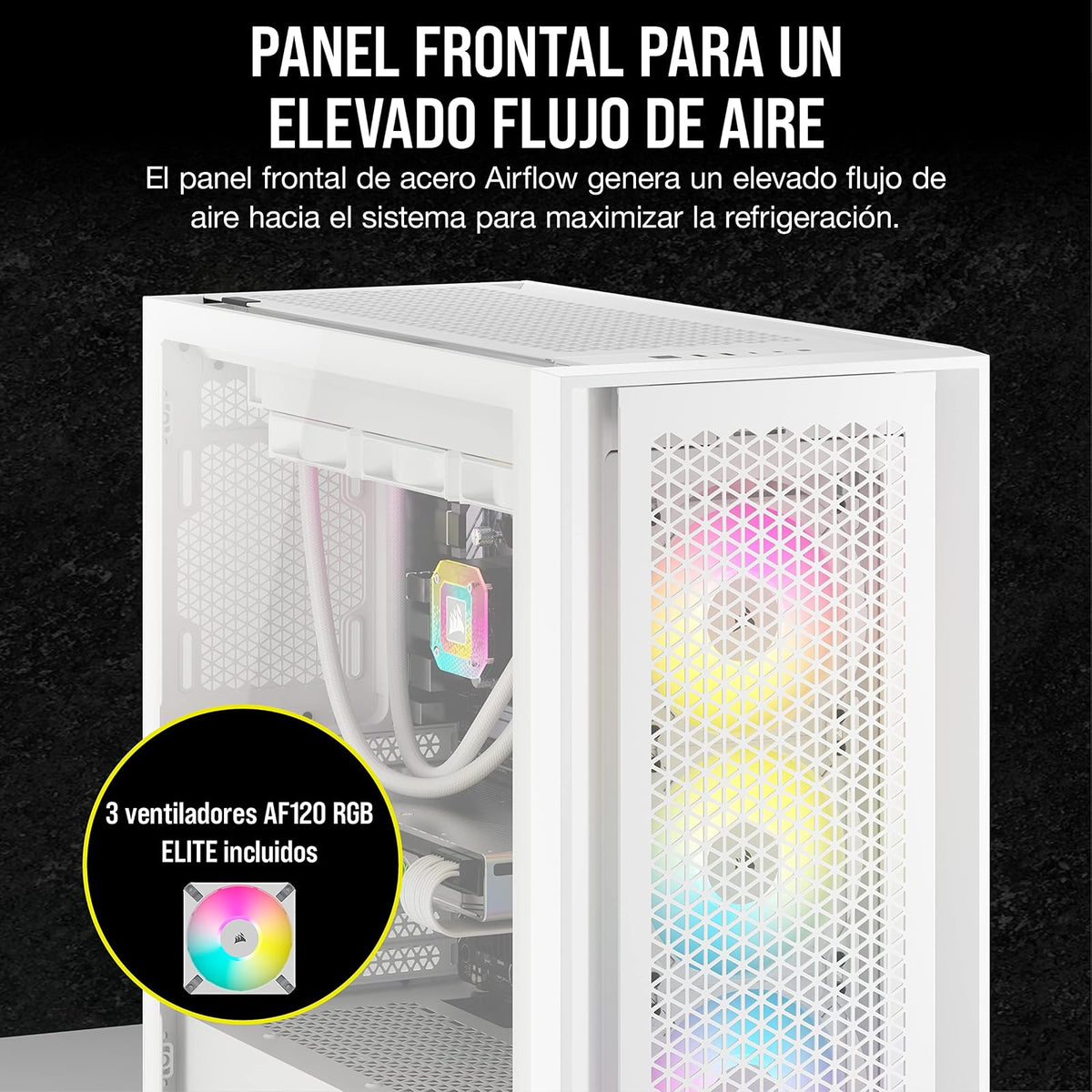 Corsair Semitorre iCUE 5000D RGB Airflow, 3 Ventiladores AF120 RGB Elite - Controlador iCUE Lighting Node Pro - Diseño de Alto Flujo de Aire - Blanco Verdadero