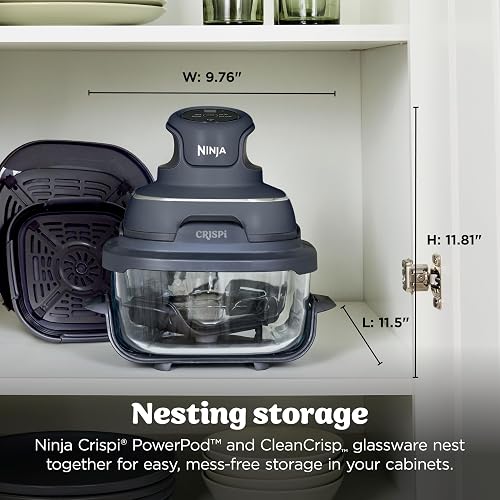 Ninja Crispi - Freidora de aire portátil de vidrio 4 en 1, 1500 W, 4 cuartos y 6 tazas TempWare recipientes de vidrio con tapas de almacenamiento, aptos para microondas, congelador y lavaplatos, gris