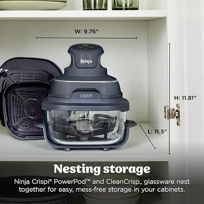 Ninja Crispi - Freidora de aire portátil de vidrio 4 en 1, 1500 W, 4 cuartos y 6 tazas TempWare recipientes de vidrio con tapas de almacenamiento, aptos para microondas, congelador y lavaplatos, gris