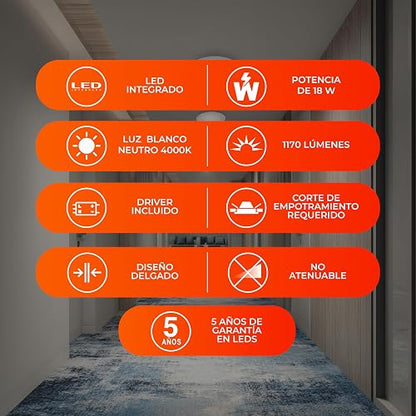 Tecnolite - Lámpara Empotrable de Techo Downlight LED 18 W, Luz Neutra, No atenuable, Multivoltaje