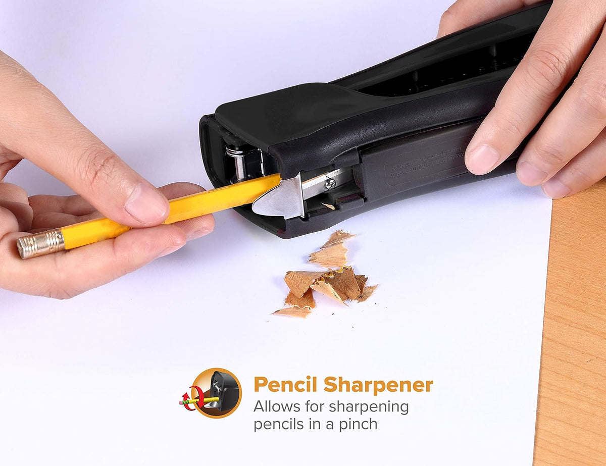Bostitch Office Eco-Friendly Dynamo - Grapadora de pie 4 en 1, incluye 420 grapas, capacidad de 20 hojas, sacapuntas de lápiz integrado, removedor de grapas y almacenamiento de grapas, color negro