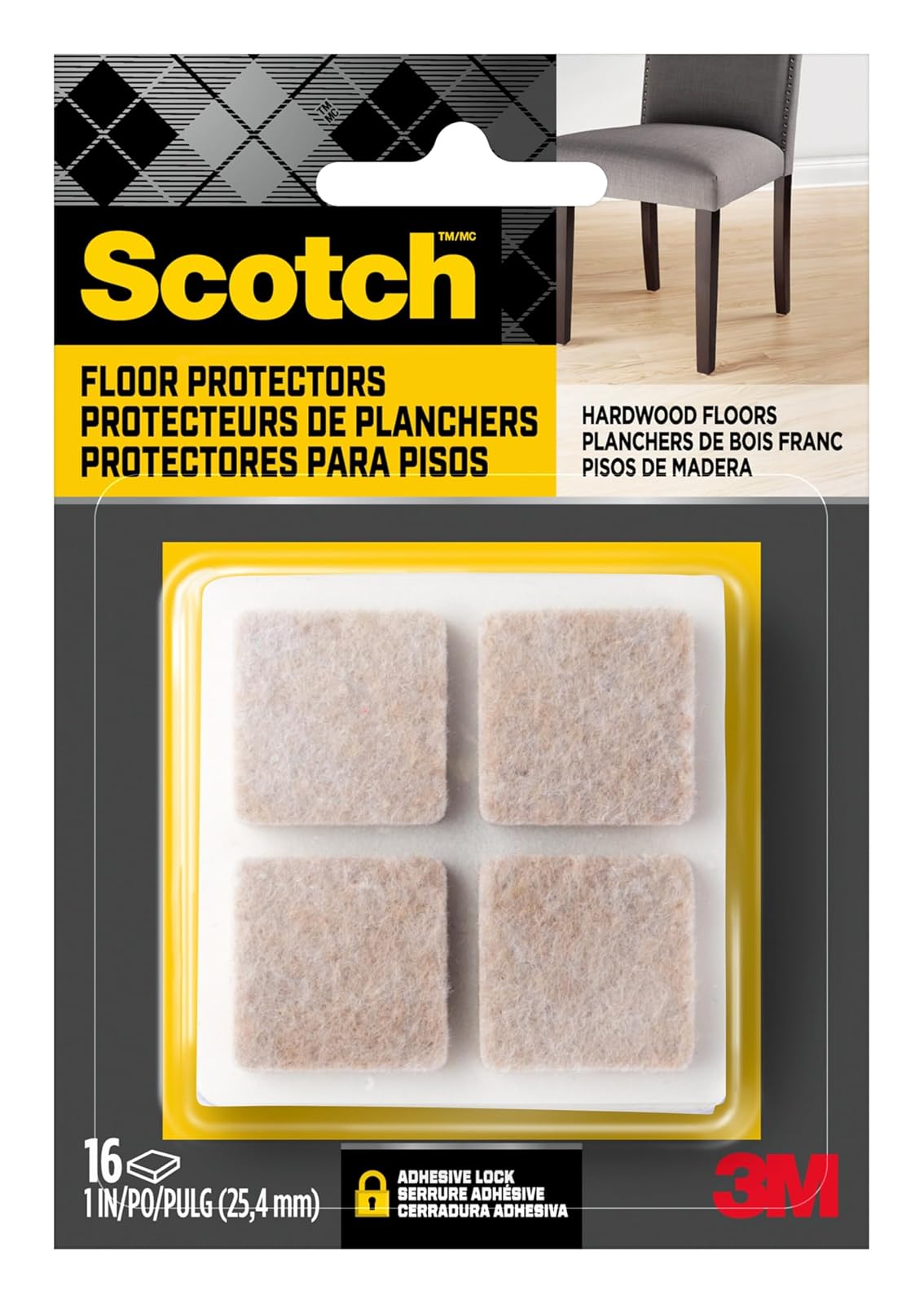 Scotch Felt Pads, Felt Furniture Pads for Protecting Hardwood Floors, Square, Beige, 1 in. x 1 in, 16 Pads