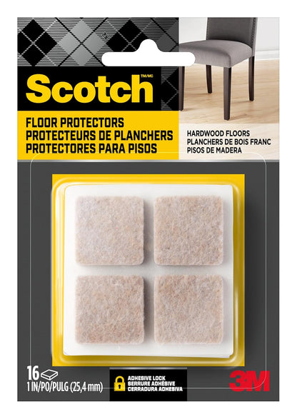 Scotch Felt Pads, Felt Furniture Pads for Protecting Hardwood Floors, Square, Beige, 1 in. x 1 in, 16 Pads