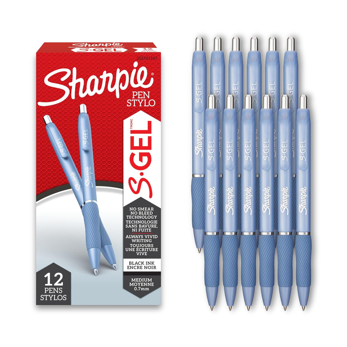 Sharpie S-Gel, bolígrafos de gel, punta media (0,7 mm), cuerpo azul escarchado, bolígrafos de tinta de gel negro, 12 unidades