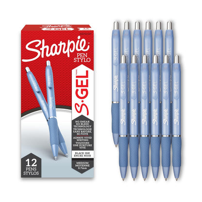 Sharpie S-Gel, bolígrafos de gel, punta media (0,7 mm), cuerpo azul escarchado, bolígrafos de tinta de gel negro, 12 unidades