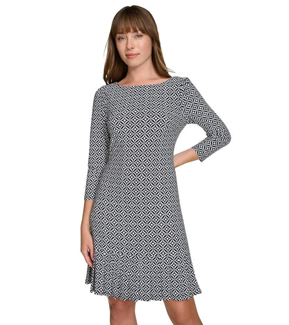 Tommy Hilfiger Pleated Hem Round Neck Printed Jersey Shift Dress Vestido Mujer