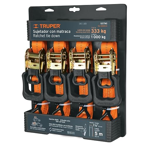TRUPER SU-1000C4 Juego de 4 Sujetadores con Matraca, Carga Máxima 1000 kg, 5 m x 1-1/4", Color Naranja