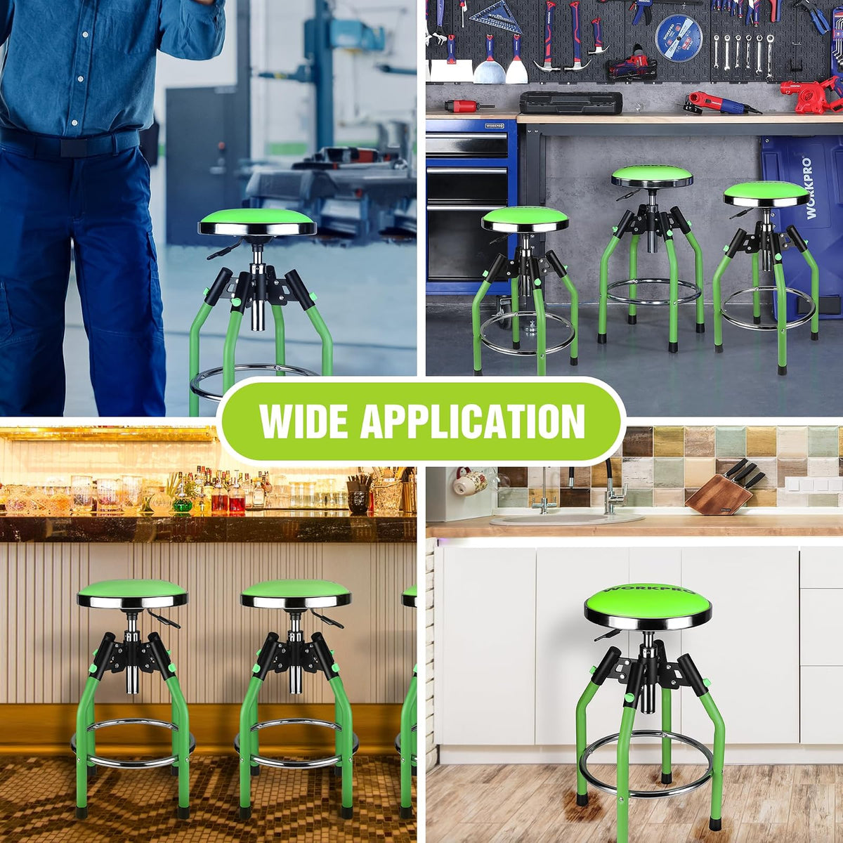 WORKPRO - Taburete de Bar de cochera, Taburete hidráulico Ajustable de Alta Resistencia, 29 a 33 86 Pulgadas, Capacidad de 350 Libras, Verde