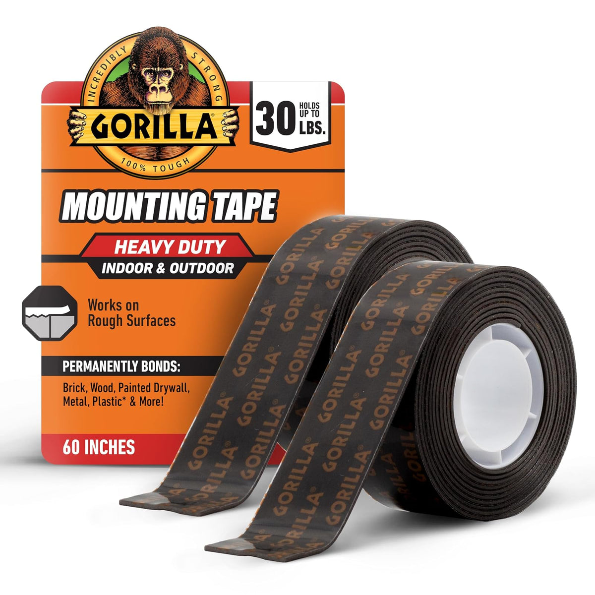 Gorilla - Cinta de montaje de doble cara, resistente, Paquete de 2, Gorilla 6055001-2 Double-Sided Heavy Duty Mounting Tape (2 Pack), 1" x 60", Black