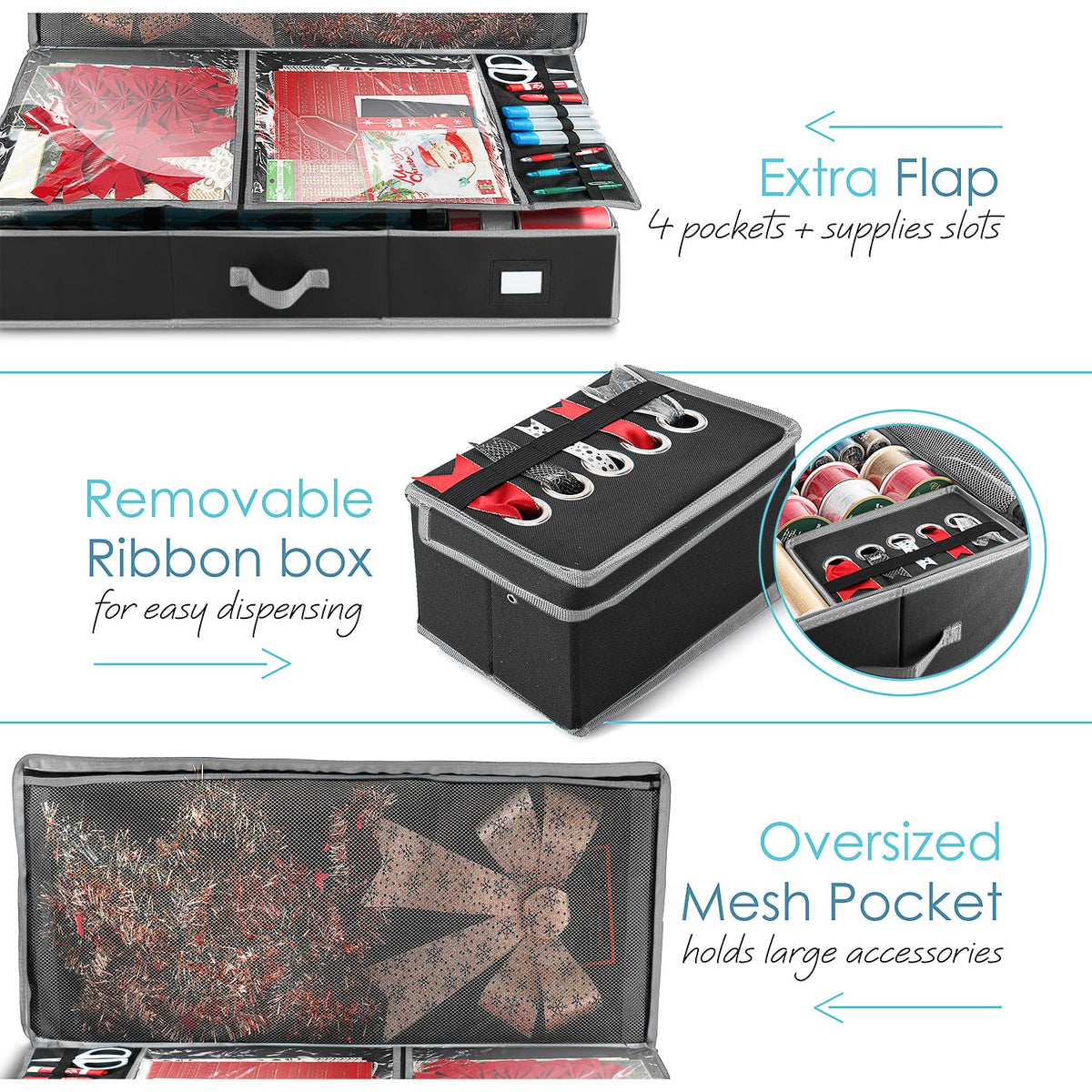 Hearth & Harbor - Contenedor de almacenamiento de papel de regalo con cinta organizador de almacenamiento - Bolsa de almacenamiento de Navidad con bolsillos interiores extras - Organizador de regalo