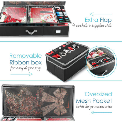 Hearth & Harbor - Contenedor de almacenamiento de papel de regalo con cinta organizador de almacenamiento - Bolsa de almacenamiento de Navidad con bolsillos interiores extras - Organizador de regalo