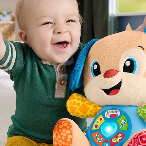 Fisher-Price Ríe y Aprende Perrito Aprende Conmigo 6+ Meses | Peluche musical; 5 botones, corazón iluminado y más de 80 canciones en español e inglés