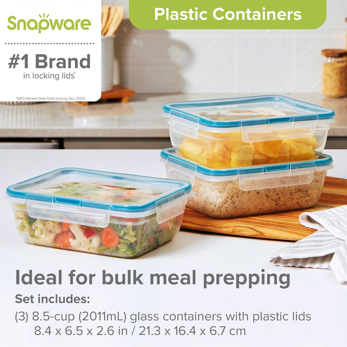 Snapware Total Solution - Juego de 3 recipientes de plástico para almacenamiento de alimentos, a prueba de fugas y herméticas, tapas rectangulares, tapas no tóxicas sin BPA, aptas para microondas y