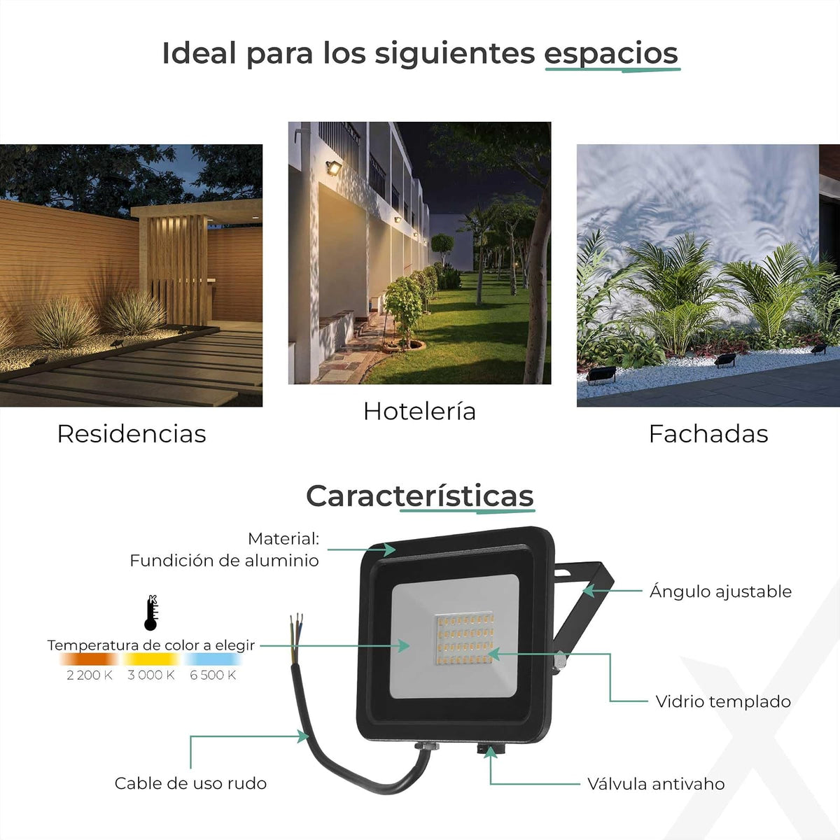 ILLUX Reflector LED Exterior 30W, Luz Fría 6500K, Impermeable IP65, Sobreponer en Piso, Negro, Iluminación para Fachadas y Jardines RL-3630.N65