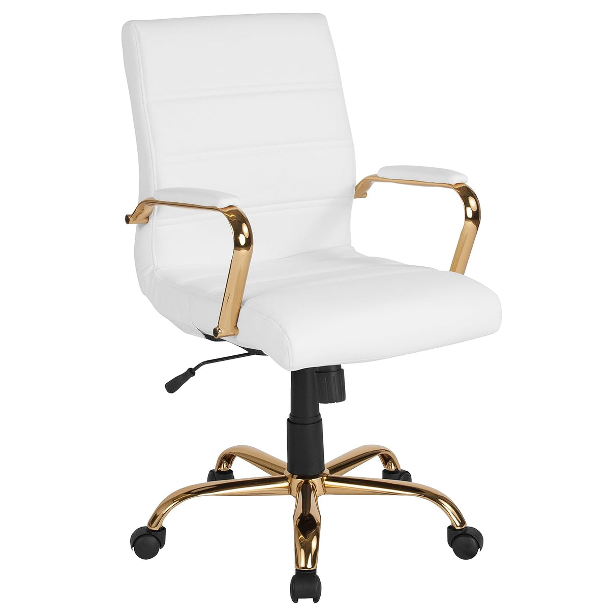 Flash Furniture Silla de Oficina con Respaldo Medio - Silla de Escritorio Ejecutiva de Polipiel Blanco Silla de Computadora con Estructura Dorada y Reposabrazos, 23" W x 24" D x 37" - 40.75" H