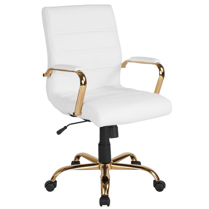 Flash Furniture Silla de Oficina con Respaldo Medio - Silla de Escritorio Ejecutiva de Polipiel Blanco Silla de Computadora con Estructura Dorada y Reposabrazos, 23" W x 24" D x 37" - 40.75" H