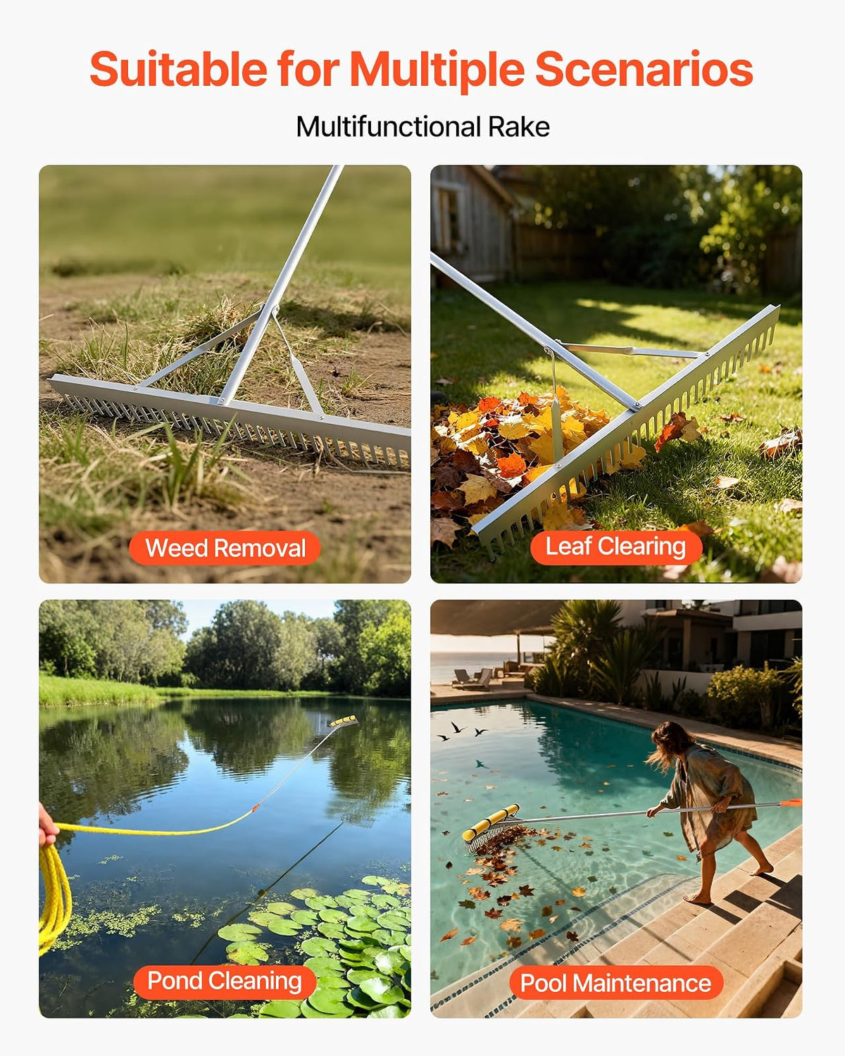 VEVOR Rastrillo de Aluminio, Cabezal 914 mm, Mango 2590 mm, Herramienta Grande para Jardinería, Aflojamiento de Tierra, Jardinería, Grava de Estanques y Cuidado del Césped de Playa, 34 Dientes