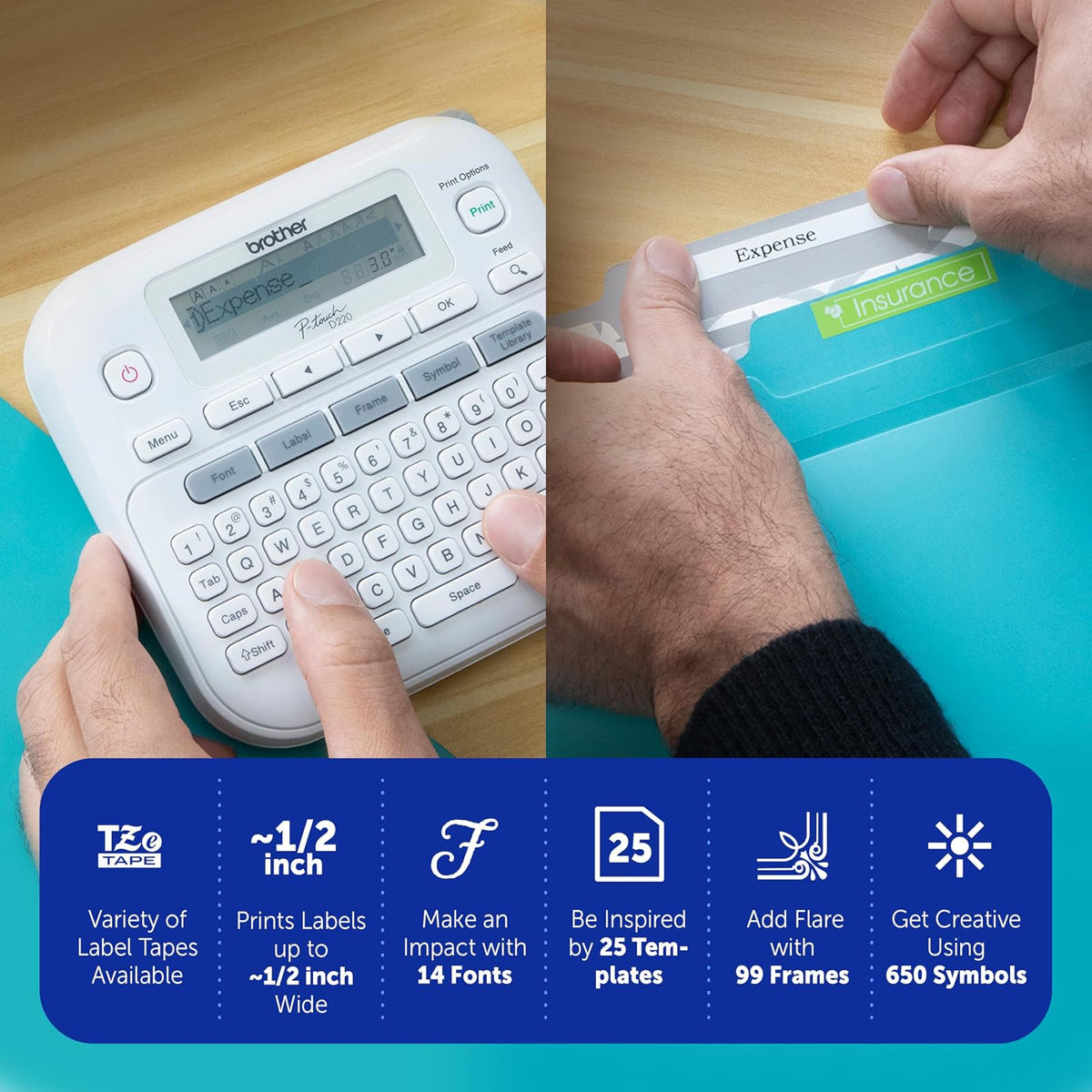 Brother P-Touch PTD220 Fabricante de Etiquetas | Blanco, cintas TZe hasta 1/2 pulgadas, hogar, oficina, uso diario