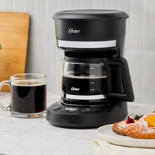 Oster Cafetera de Goteo Programable Capacidad 5 Tazas, Pantalla LED | Función Pausa y Servir, Apagado Automático, Filtro Reutilizable, Jarra con Medidas, Negro,
