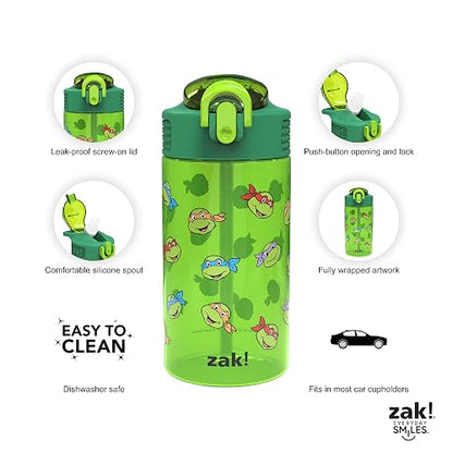 Zak Designs - Botella de agua para niños con tortugas ninja mutantes adolescentes para la escuela o los viajes, 16 onzas, 2 unidades (paquete de 1) botella de agua de plástico duradera con popote,