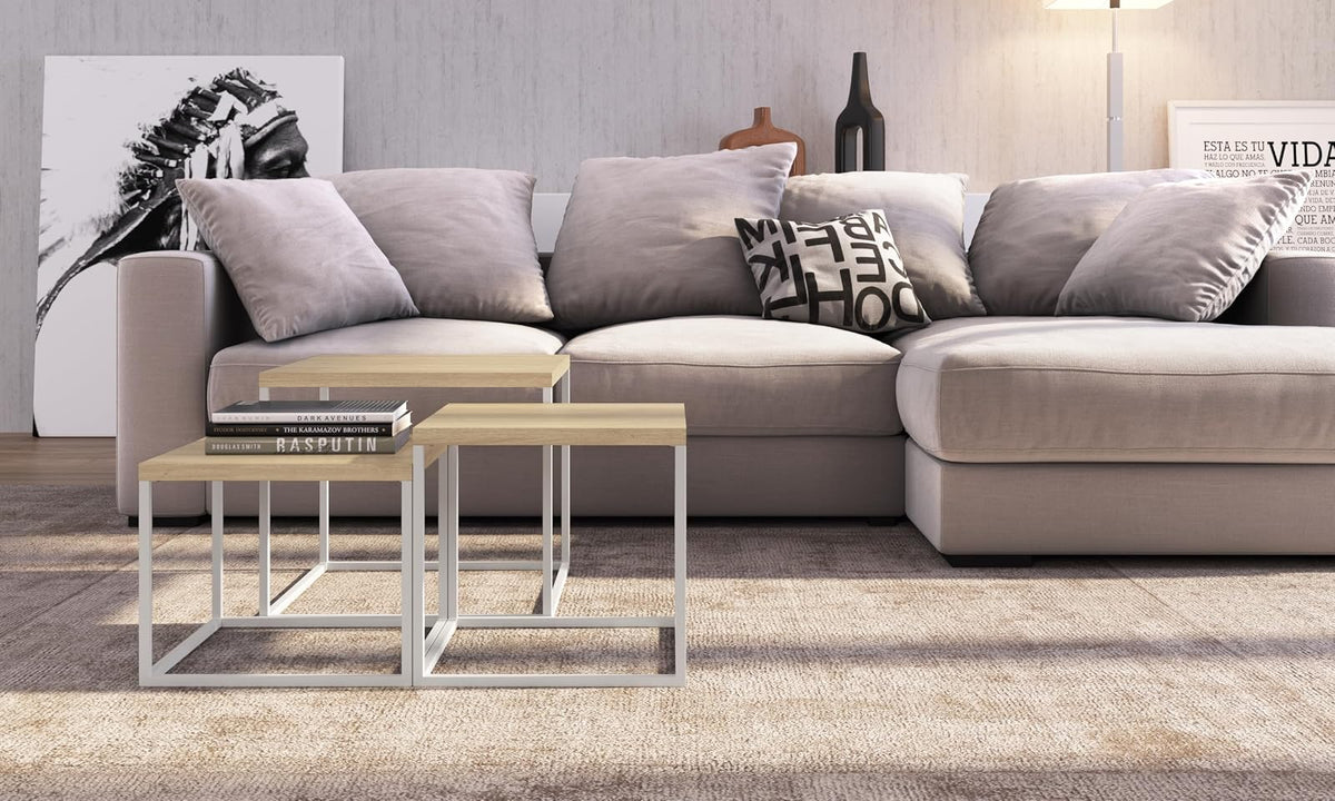 TUGOW Alterego Set de 3 Mesas de Centro Fabián de Distintos Tamaños Color Blanco y Madera con Tapa de Madera Industrial y Estructura de Acero