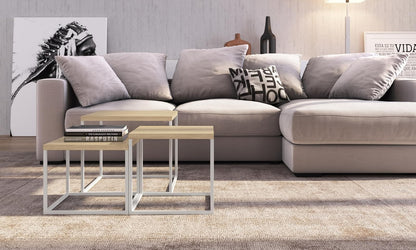 TUGOW Alterego Set de 3 Mesas de Centro Fabián de Distintos Tamaños Color Blanco y Madera con Tapa de Madera Industrial y Estructura de Acero