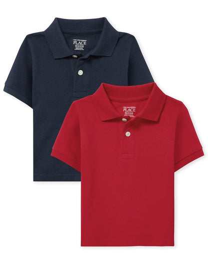 The Children's Place Polo de Piqué Manga Corta para Niño, 100% Algodón - Nautico - Classic Red 2-pack - 18-24 Meses