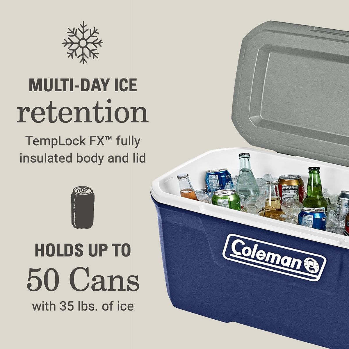 Coleman Classic Series - Enfriador portátil con Aislamiento, Resistente a Fugas para Exteriores, Mantiene el Hielo hasta 5 días, 52/70/120/150 Cuartos de galón