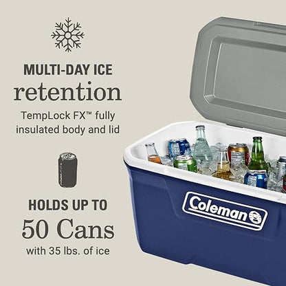 Coleman Hielera 66L 70QT Color Azul Serie 316 Mantiene el Hielo por Días Construcción Duradera de Fácil Agarre 2179159