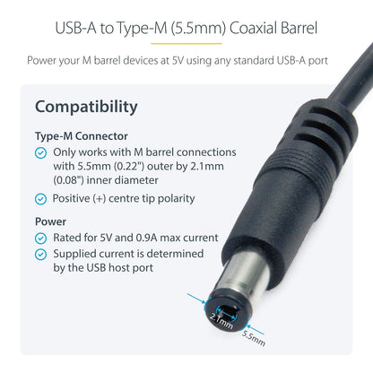 StarTech USB2TYPEM2M Cable Adaptador USB a Conector Coaxial Barrel Alimentación Corriente 6.6mm 5V DC, 1x USB A Macho, 1x Tipo M Macho, 2m