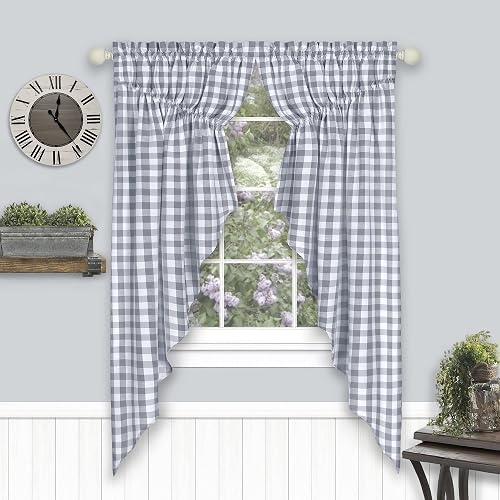 Achim Home Decor - Par de Cortinas de Ventana fruncidas a Cuadros, 72 Pulgadas de Ancho, 63 Pulgadas de Largo, Cuadros Grises y Blancos, Cortinas de Campo filtrantes de luz para recámara, Sala de