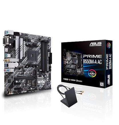 ASUS Prime B550M-A AC Tarjeta Madre AMD para PC de Trabajo Estudio y Juego | AM4, mATX, Ryzen serie 5000/3000, DDR4 hasta 128GB, PCIe 4.0 x16, 2 ranuras M.2, WiFi 5 + BT 5.0, LAN Gigabit, garantía ASUS