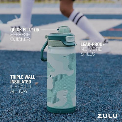 ZULU Powerfill Pro - Botella de agua de acero inoxidable para niños de 18 onzas con tapa de llenado rápido, triple pared aislada al aspiradora, tapa de bloqueo a prueba de fugas, reutilizable, sin BPA