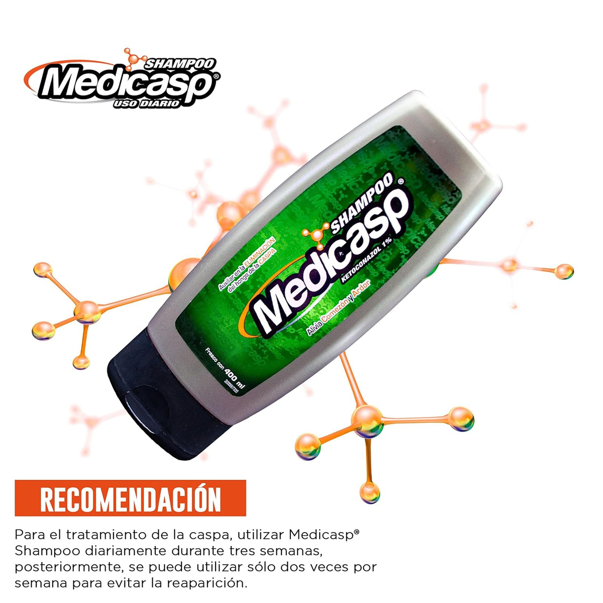 Medicasp Shampoo Anticaspa - Auxiliar en la eliminación del hongo de la caspa, alivia comezón y ardor, deja el cabello con brillo y suavidad, ideal para uso diario, contiene una botella de 400ml