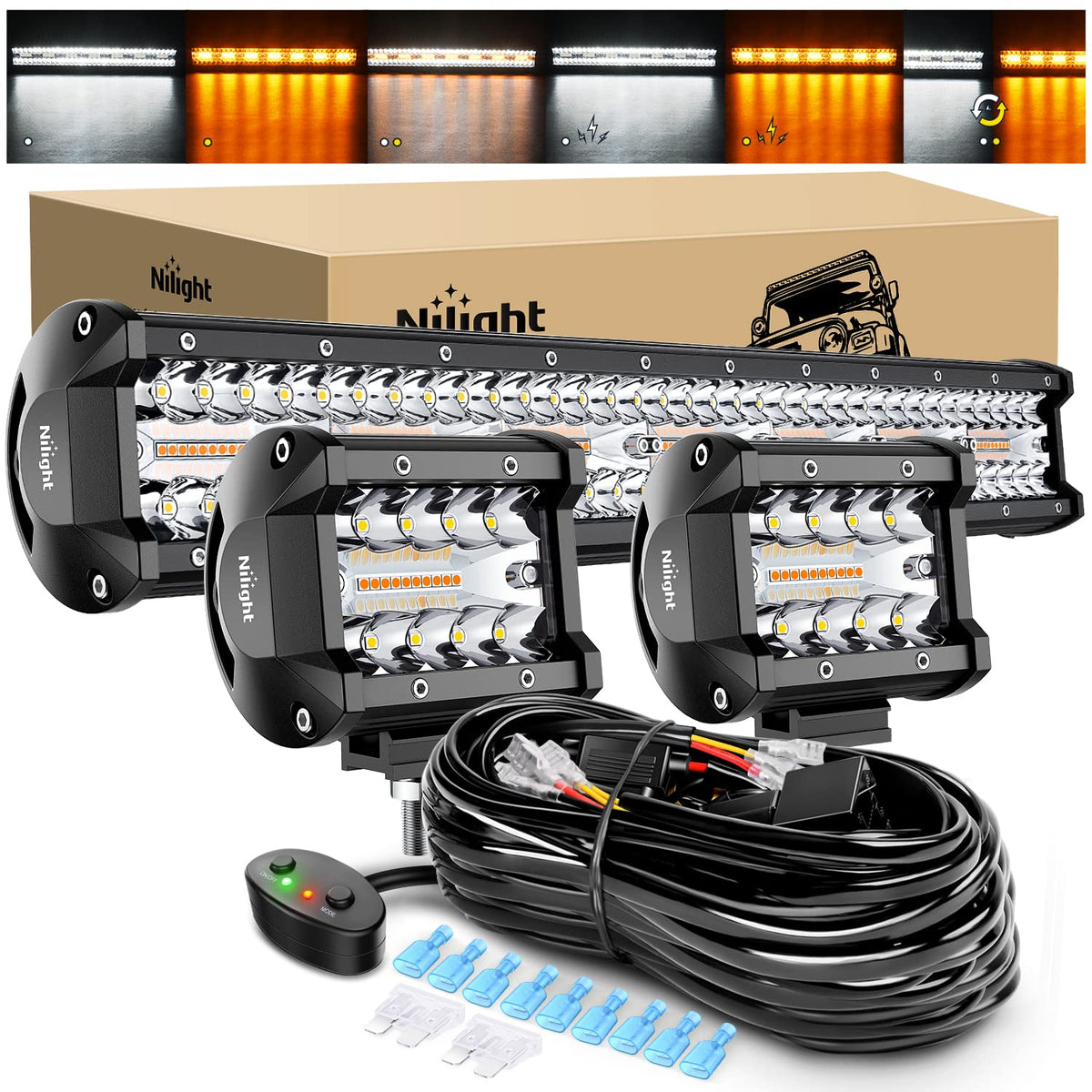 Nilight 20Inch 420W LED Light Bar 2PCS 4Inch 60W Light Pods Amber White Strobe 6 Modes Memory Function Reset Function Off Road Truck with 16AWG Wiring Harness Kit-3 Lead, 2 Years Warranty