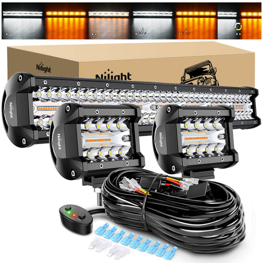 Nilight 20Inch 420W LED Light Bar 2PCS 4Inch 60W Light Pods Amber White Strobe 6 Modes Memory Function Reset Function Off Road Truck with 16AWG Wiring Harness Kit-3 Lead, 2 Years Warranty