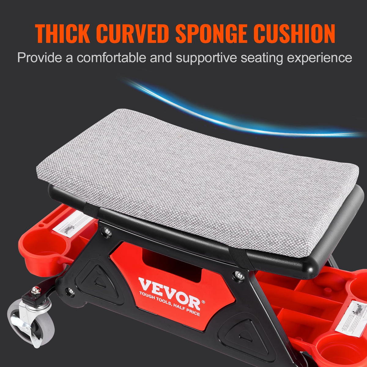 VEVOR Taburete de Taller Móvil 640 x 335 x 390 mm, Carga 136 kg Taburete de Mecánico con 2 Ruedas Asiento con Cerradura 450 x 250 mm con Bandejas de Herramientas para Mantenimiento, Reparación