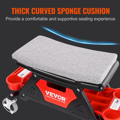 VEVOR Taburete de Taller Móvil 640 x 335 x 390 mm, Carga 136 kg Taburete de Mecánico con 2 Ruedas Asiento con Cerradura 450 x 250 mm con Bandejas de Herramientas para Mantenimiento, Reparación
