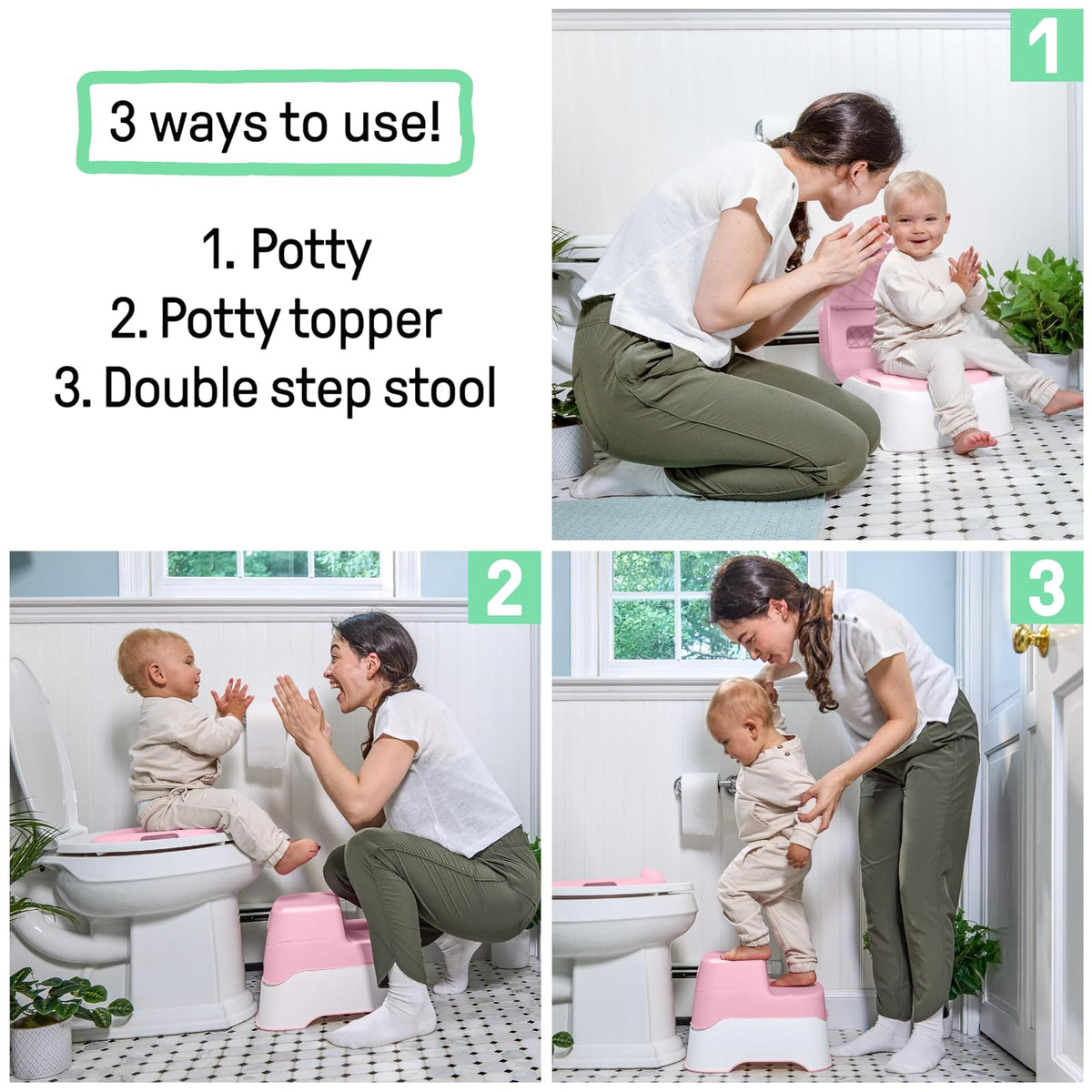 Ingenuity Prepare to Potty Sistema 3 en 1 - Inodoro de entrenamiento para ir al baño, parte superior, taburete de escalón, fácil instalación, rosa, para niños pequeños de 18 meses +