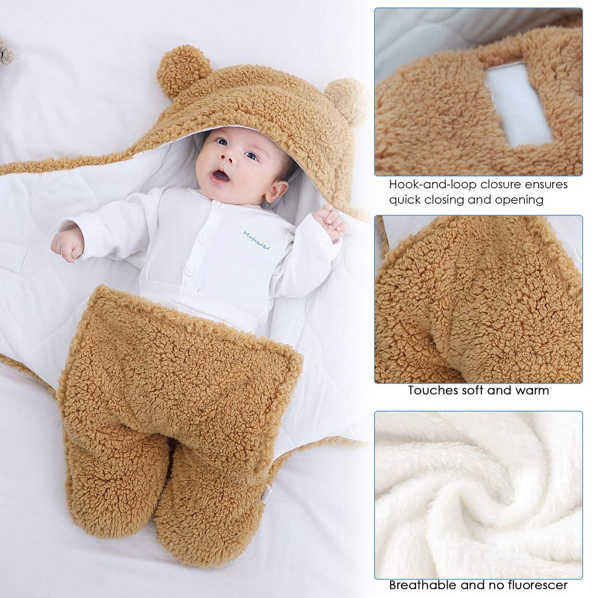 Manta de Felpa para bebé recién Nacido, Manta de recepción Suave con Capucha, Saco de Dormir para niñas de 0 a 6 Meses, Color Caqui