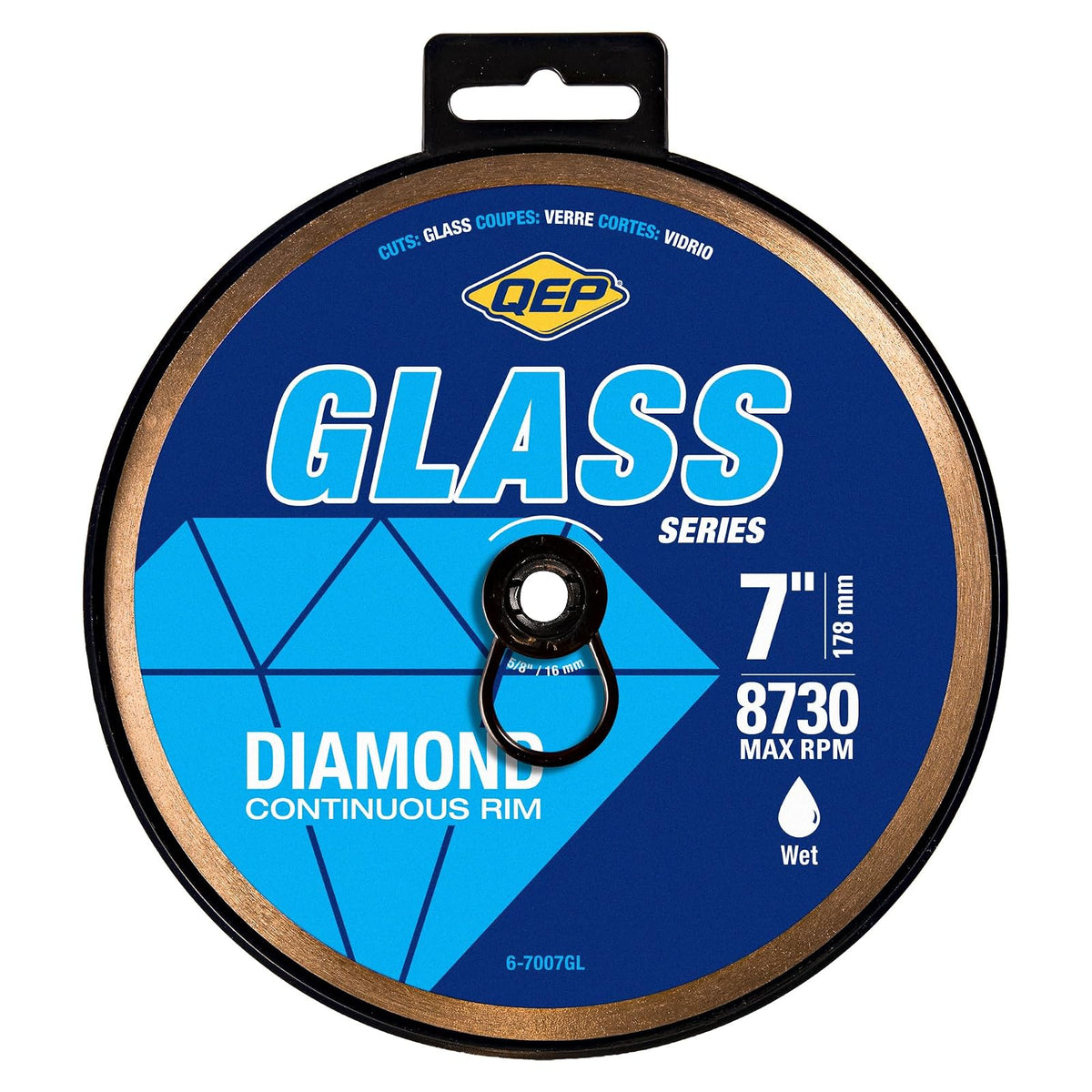 QEP 6-7007GL Hoja de diamante de vidrio de llanta continua de 7 pulgadas, altura de llanta de 7 mm, eje de 5/8 pulgadas, corte húmedo, 8730 RPM máximas
